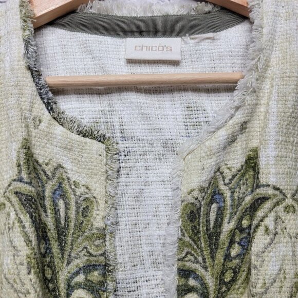 Chico's Embellished Heritage Tweed Jacket Green Frayed Trim Accent Size ? - Picture 9 of 14